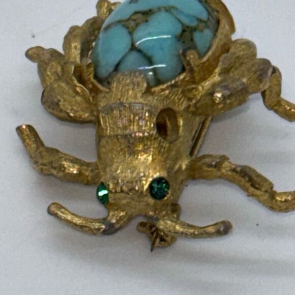 Vintage RISA pin/brooch turquoise cabochon bug beetle gemstone eyes - Picture 2 of 10